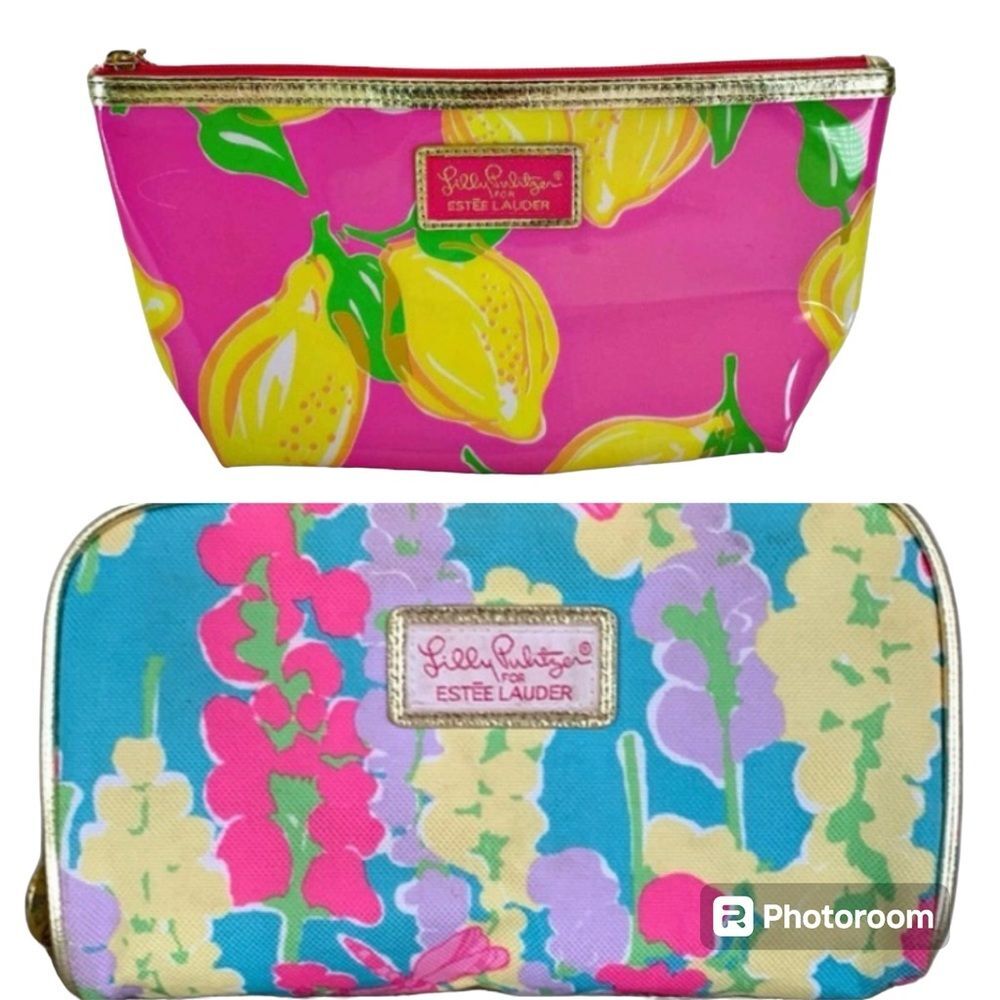 Lilly Pulitzer/Estée Lauder Pink Yellow Floral Makeup Cosmetic Bags Bundle of 2
